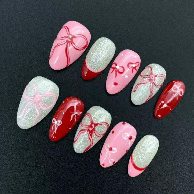 10pcs French Handmade Fake Nails Tips Reusable Bow Design Short Almond False Nail Art Polka Dot Cherry Pink Press on Nails Sets
