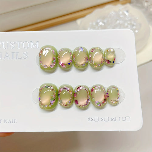 10pcs Handmade Press on Nails Cat's Eye Wreath Glitter False Nail Short Ladder Detachable Wearable Nail Art for Women and Girl