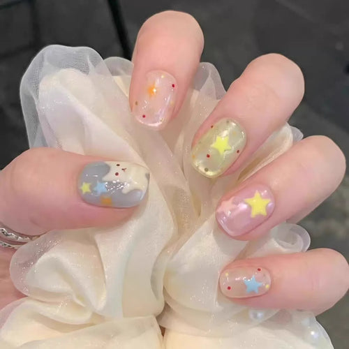 10pc Kawaii Press on Nails Handmade Glass Bead Cat Eye Design Cute Fake Nails with Colored Star Polka Dot Wearable Nail Art